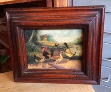 Kleines Gemälde Öl auf Leinwand Bauernhof Hühner Enten, 60er