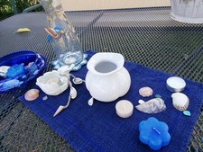 Maritimes Konvolut Tischdeko Karaffe Glas Schale blau Vase Kerzen Miniteich 