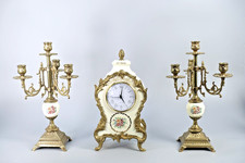 Tisch Uhr Kamin Uhr Messing Porzellan mit Leuchtern Kerzenleuchter Italy