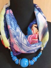 Unikat! Damen Schal Schmuckschal mit Kette Holzperlen 145 X 35cm Viskose, Bunt