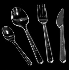 50 Stück Mehrweg Besteck: Gabel Messer Löffel Kaffeelöffel PS Plastik - glasklar