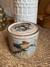 kleine Vintage Keramik Deckeldose Vogel asiatisch China? beige braun gemustert