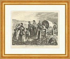 Zigeuner auf dem Schub Limmer Planwagen Wandern Volk Holzstich E 14202 Gerahmt