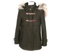 Zara Dufflecoat Mantel Jacke Kapuze abnehmbar Fell oliv grün Wolle M 38