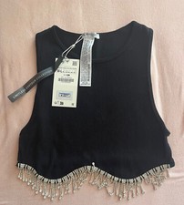 Neu:  Zara Party-Crop-Top mit Perlenfransen, Gr. M/L, Schwarz/Silber