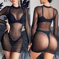 sexy Abendkleid Kleid kurz bodycon langarm durchsichtig Mesh Reizwäsche Clubwear