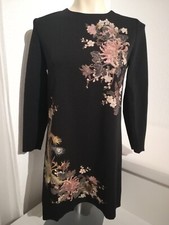 ZARA Kleid Tunika Schwarz Aufdruck Phönix Vogel Federn Blumen Glitzer S M 36 38