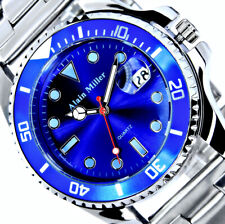 Alain Miller Herren Armband Männer Uhr Blau Silber Farben Datum Metall