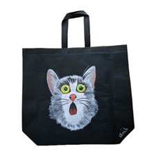 Tasche Shopper Schwarz Einkaufstasche Handbemalt Unikat Original Freizeit Katze 