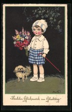Künstler-AK Fritz Baumgarten: Mädchen mit Blumenstrauß und Hund mit Glückwunsch 