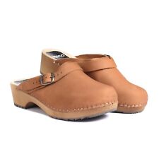 Braun Schwedische Holzclogs aus Leder mit Schnalle, niedriger Absatz geschlossen