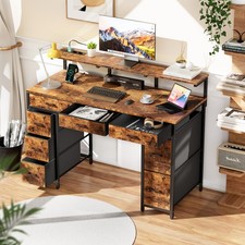 Schreibtisch mit 8 Schubladen, Computertisch mit LED & 2 USB-Anschlüsse, Braun