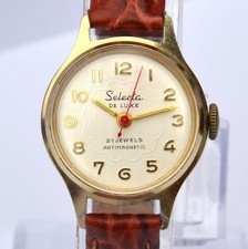 Vintage Selecta De Luxe 21 Jewels Damen Armbanduhr, vergoldet, Handaufzug, Leder