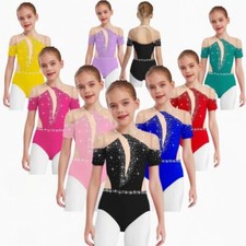 DE iEFiEL Mädchen Gymnastikanzug Kurzarm Glitzer Strass Mesh Patchwork Turnanzug