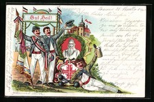 Lithographie Turner vor einem Portrait von Turnvater Jahn 1904 