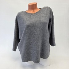Damen Feinstrick Pullover Perlen Strass Italy Pulli One Size 40–46 Grau