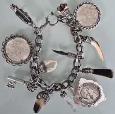 MDS CHARIVARI SILBERKETTE MIT 3 SILBERMÜNZEN UND 9 WEITEREN  ANHÄNGERN