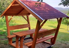 Gartenlaube Holzpavillon Gartenhütte überdachte Gartengarnitur