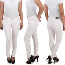 Damen Röhren Skinny Jeans Hüfthose Stretch Slim Fit Hose Rosa Weiß gestreift 