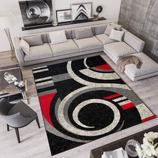 Teppich Modern Kurzflor Schwarz Grau Rot Abstrakt Streifen Wohnzimmer Design