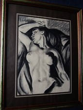 Unbekannter Maler,  Liegender weiblicher Akt, Kohlezeichnung, um 1950