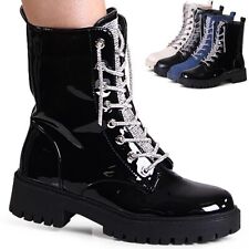 Damen Plateau Stiefeletten Glitzer Boots Lack Combat Booties 