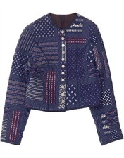 HELENE STRASSER Damen Crop Blazer Jacke UK 14 Mittelblau Blumen Baumwolle AF09