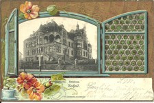 Präge-AK Herford - Kreishaus, dekorativer Fensterrahmen, Butzenglas - 1902 gel.