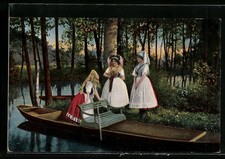Tracht Spreewald, Frauen am Kahn, Ansichtskarte 