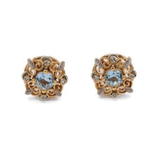 1 Paar Ohrstecker Ohrringe mit Blautopas und Diamantrosen in 14 Kt. 585 Gold