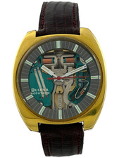 Goldene Herrenarmbanduhr Bulova Accutron Spaceview Quartz Kal. 214, funktioniert