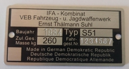 Typenschild für simson - typenschild,