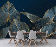 Fototapete Blätter Natur Blau Gold Modern VLIES TAPETE XXL + KLEISTER 488