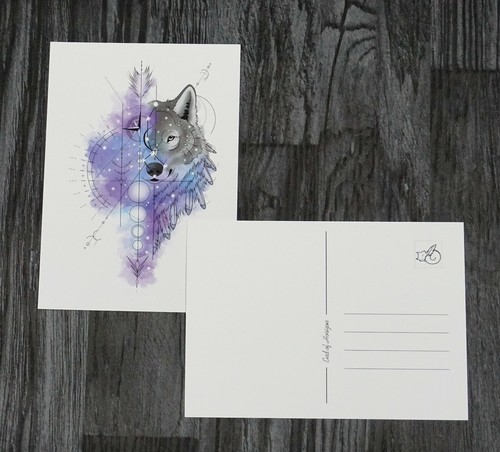 Postkarte wolf weiß - wolf,, blau