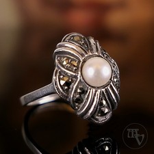 Vintage Damenring 835 Silber mit Perle & Markasiten Art Deco Stil Gr.53 (16,8mm)