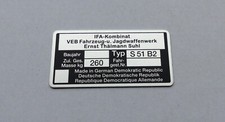 Typenschild Simson S51 B2 Plakette 260kg IFA VEB, blanko