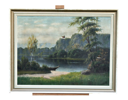 Landschaft mit see und - see, boot