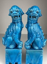 2 alte Türkis Porzellan Fo Foo Fu Hunde Löwen Tempellöwen China Asiatika