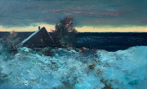 ölbild haus meer - haus, schnee