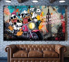 XL LEINWAND BILD ER BIS 165x90x5 DONALD-DUCK MONEY ZITAT GRAFFITI URBAN ART BUNT