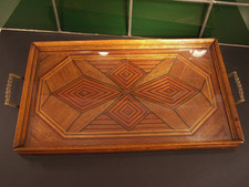 Tablett antik Frankreich Jugendstil Holz Intarsien Messing Griffe 4,5x47x28 cm