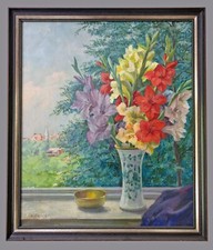 Ölgemälde  Gladiolen am Fenster A.Gasteiger