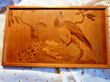 DDR Holzbild Holz Bild Intarsien 2 Vögel Pfau auf Baum 26x44x3cm Handarbeit