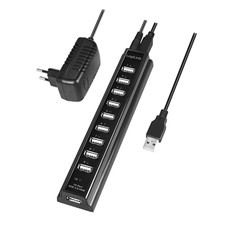 USB 2.0 Hub 10 Port Splitter Adapter mit Aktiv Netzteil Verteiler für PC Laptop