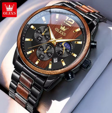OLEVS Edelstahl Holz Herren Armbanduhr Männeruhr Herrenuhr Chronograph Holzuhr