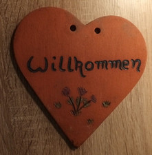 Terrakotta-SCHILD "WILLKOMMEN" Blumen Herz ca. 18 x 18 cm