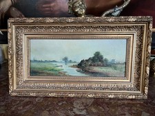 altes Ölbild auf Leinwand, Handtuch-Format, Flusslandsch., um 1900, Stuckrahmen