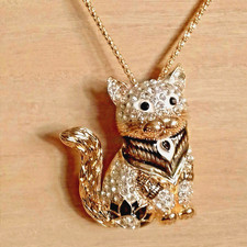 Damen Halskette Katzen-Anhänger/Brosche Strasssteine Kette Goldfarben ca. 65 cm