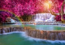 Wasserfall Wald Natur Rosa VLIES FOTOTAPETE 3D WOHNZIMMER TAPETE WANDBILD XXL