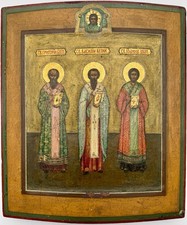 Original alte russische „IKONE MIT DEN DREI HIERARCHEN“, 19 Jh., 35,2 x 31,2 cm.